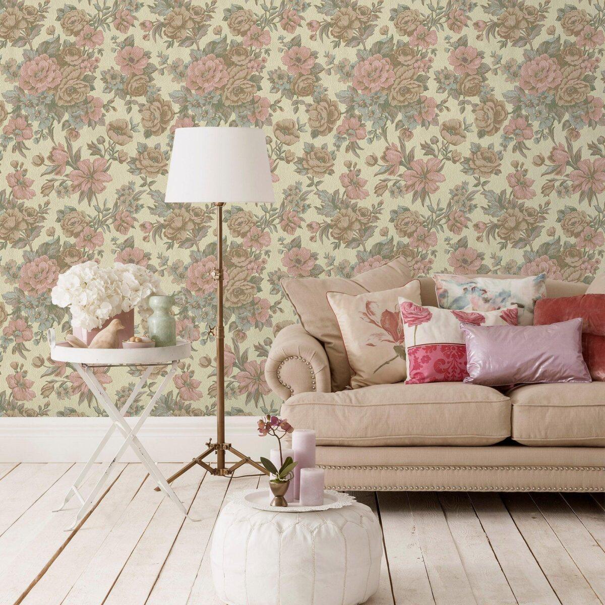Blooming Roses Floral Pattern Wallpaper Beige Light Pink Code 5806-2 - Image 2