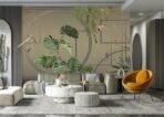 Monkey and Birds Design, VINYL FABRIC TEXTILE Wall Mural in Different Texture, Code FJ300.  It is produced as ONE PIECE WITHOUT JOINT. - Image 8