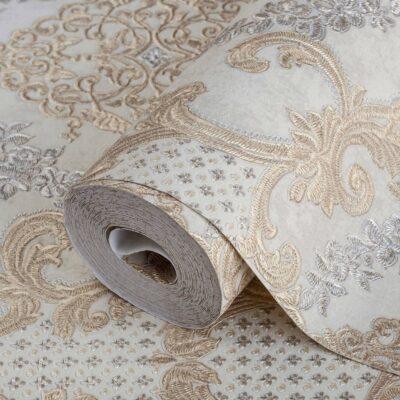Damask Pattern Wallpaper Beige Clear Gray Code 6802-1
