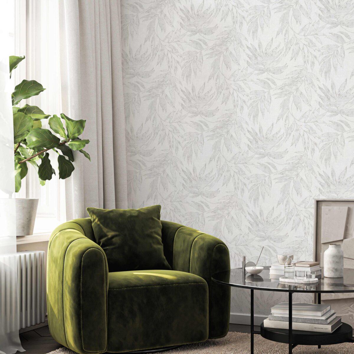 Tropical Leaf Patterned Wallpaper, Colour White Code 24208-1 - Image 4