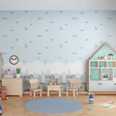 Sky Based Wallpaper with Clouds and Rainbows Colour Blue, Light Code 8902-1