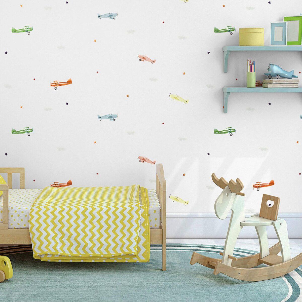 Wallpaper with Planes in the Sky, Stars and Clouds Colors Light, White Code 8907-1 - Image 1
