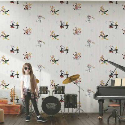 Looney Tunes Characters Playing Music Wallpaper Colors Gray, Light Code 8936-1